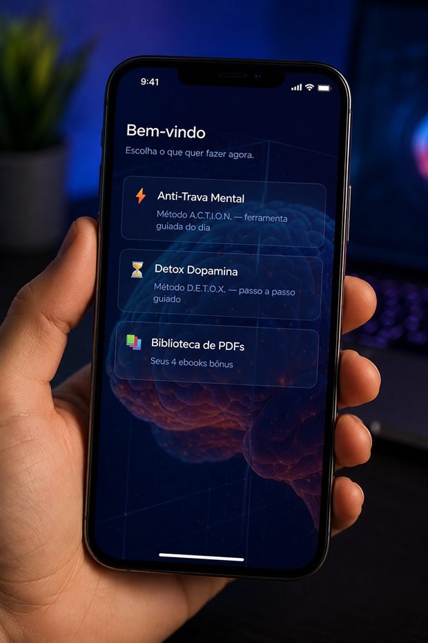 App Mente Foco aberto no celular, na tela de boas-vindas