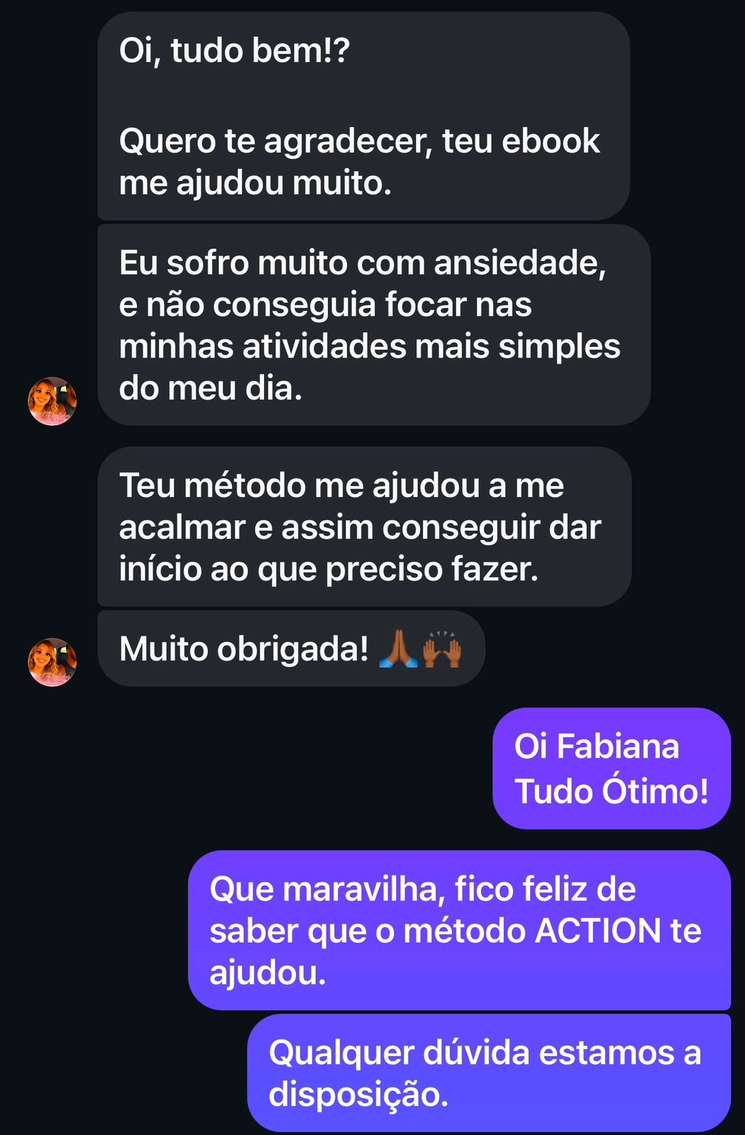 Print de conversa: Fabiana agradece porque o método A.C.T.I.O.N. ajudou a acalmar a ansiedade e dar início às tarefas do dia