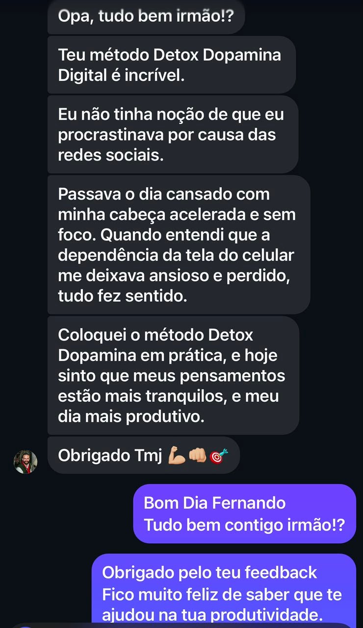 Print de conversa: Fernando agradece pelo Detox Dopamina Digital, que ajudou a reduzir a procrastinação com redes sociais