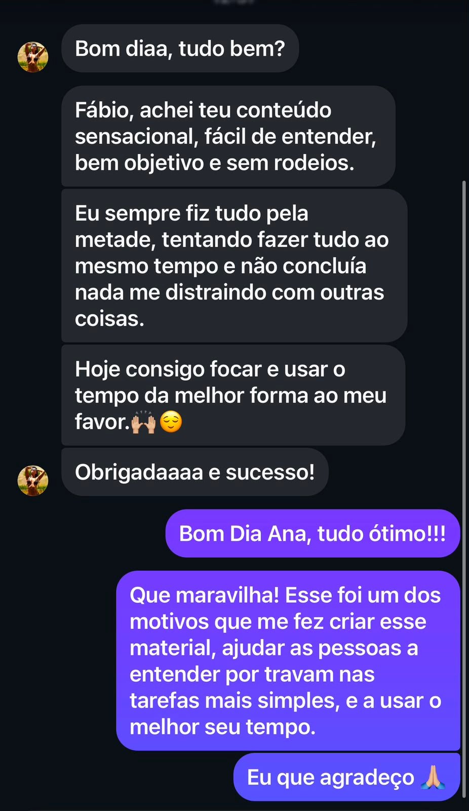 Print de conversa: Ana diz que o conteúdo é objetivo e sem rodeios, e que hoje consegue focar e usar melhor o tempo