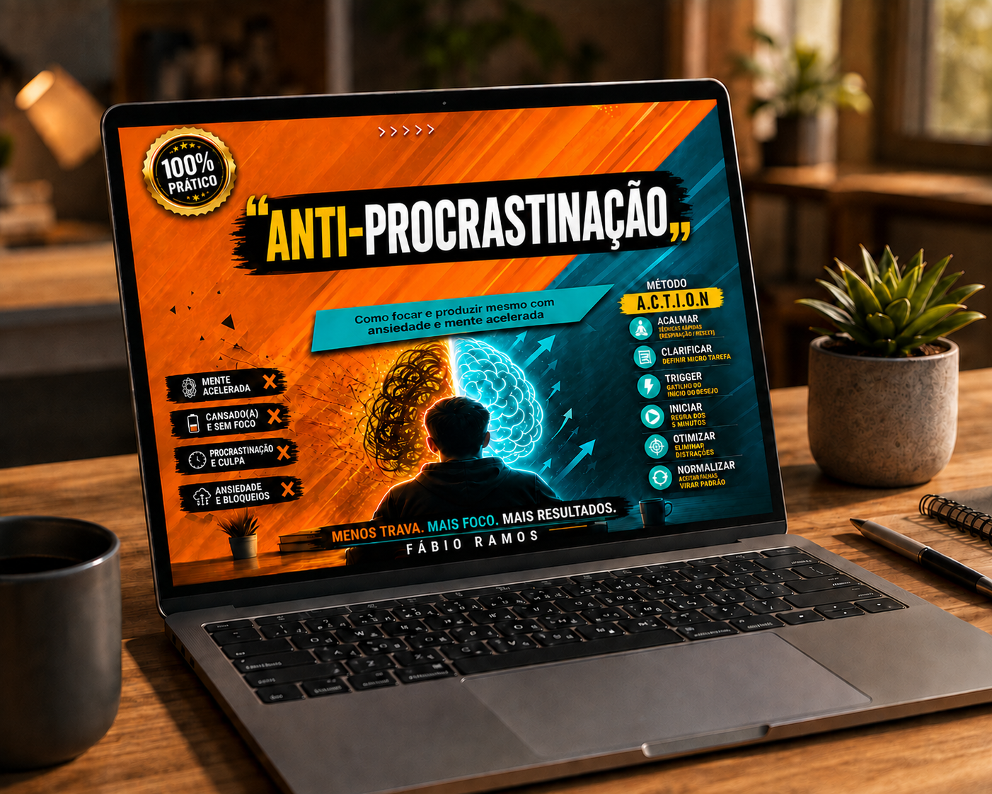 Notebook aberto mostrando a capa do Anti-Procrastinação, de Fábio Ramos